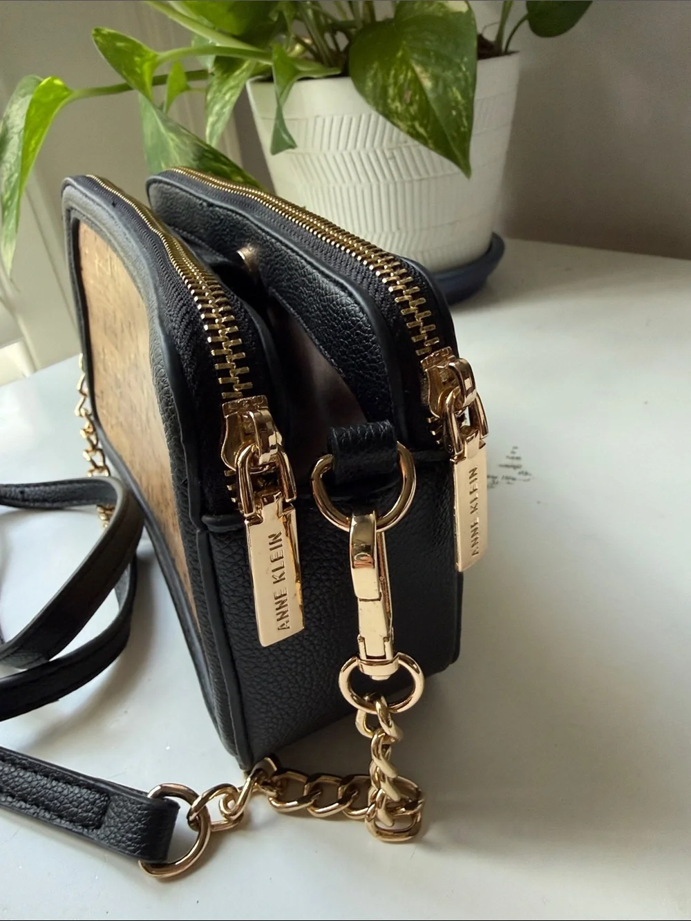 Anne Klein Gold Cork-Effect Crossbody Bag with Black Trim